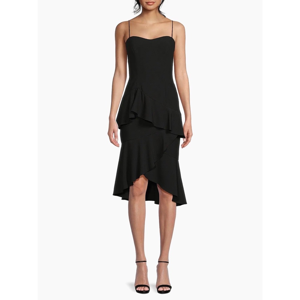 NWT Black Halo Barbados Crepe Strapless Ruffle Tiered Black Midi Dress Size 6